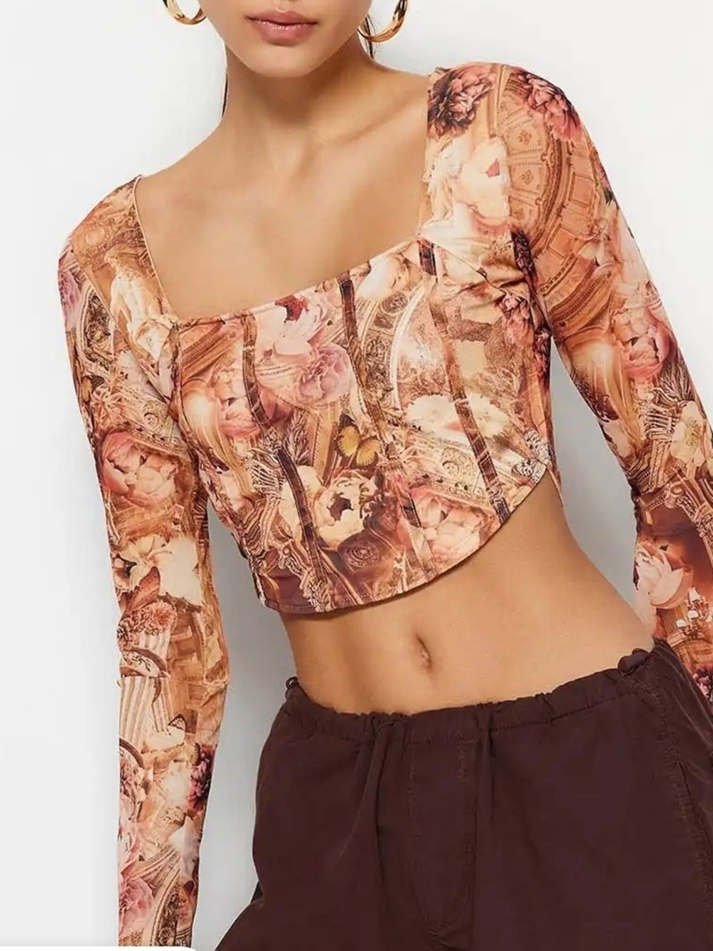 Floral Cherub Print Sheer Long Sleeve Top - Peach